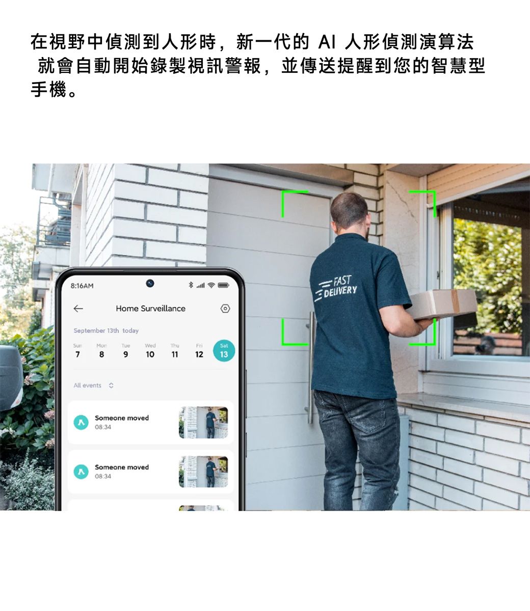 在視野中偵測到人形時,新一代的人形偵測演算法就會自動開始錄製視訊警報,並傳送提醒到您的智慧型手機。8:16AMHome SurveillanceSeptember 13th todayWed78910111213All eventsSomeone moved08:34Someone moved08:34FAST