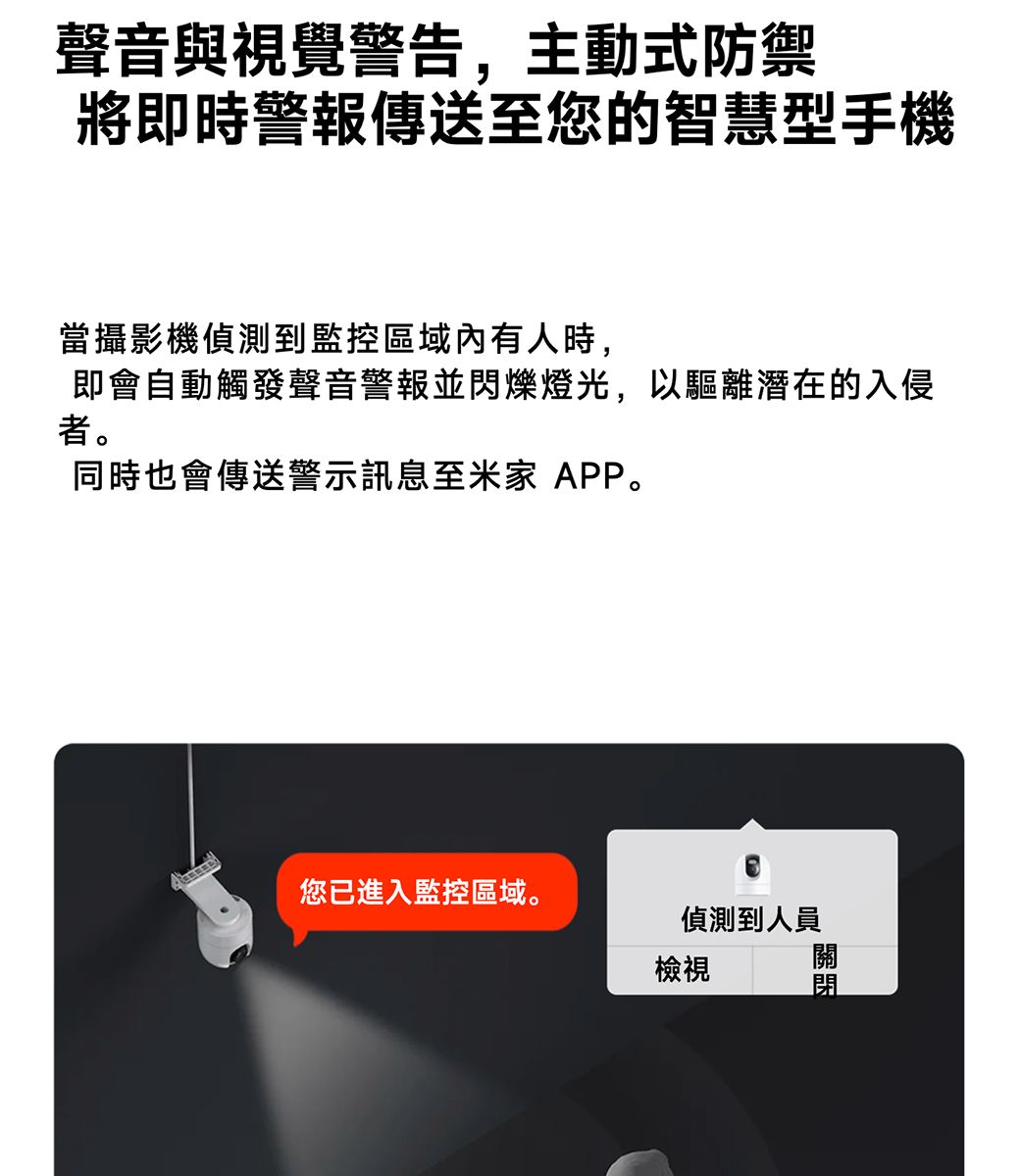 聲音與視覺警告,主動式防禦將即時警報傳送至您的智慧型手機當攝影機偵測到監控區域有人時,即會自動觸發聲音警報並閃爍燈光,以驅離潛在的入侵者。同時也會傳送警示訊息至家 APP。您已進入監控區域。偵測到人員檢視