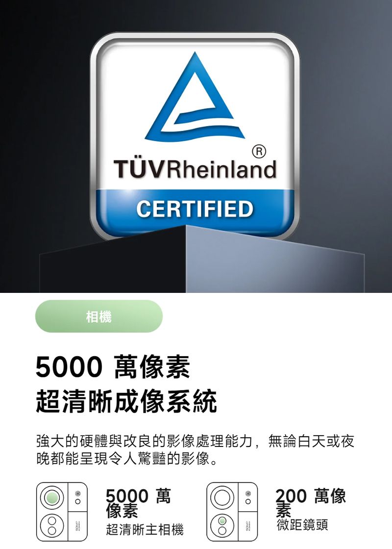 AR RheinlandCERTIFIED相機5000 萬素超清晰成像系統強大的硬體與改良的影像處理能力,無論白天或夜晚都能呈現令人驚豔的影像。5000 萬像素200 萬像素()超清晰主相機微距鏡頭