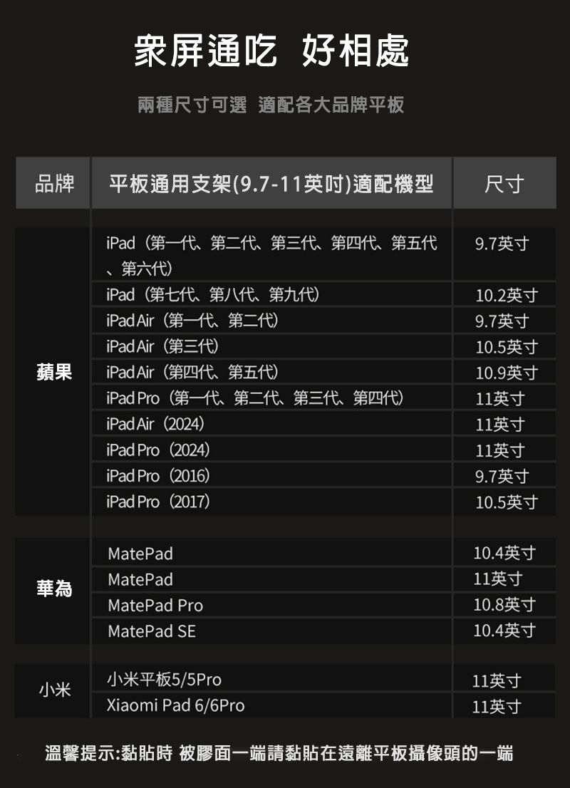 衆屏通吃 好相處兩種尺寸可選 適配各大品牌平板品牌平板通用支架(9.7-11英吋適配機型尺寸iPad(第一代第二代、第三代、第四代、第五代9.7英寸、第六代iPad(第七代、第八代、第九代10.2英寸iPad Air(第一代、第二代9.7英寸iPad Air(第三代)10.5英寸蘋果iPad Air(第四代、第五代)10.9英寸iPad Pro(第一代、第二代、第三代、第四代)11英寸iPad Air(2024)11英寸iPad Pro(2024)11英寸iPad Pro(2016)9.7英寸iPad Pro(2017)10.5英寸MatePad10.4英寸華為MatePadMatePad Pro11英寸10.8英寸MatePad SE10.4英寸小米平板5/5Pro11英寸小米Xiaomi Pad 6/6Pro11英寸溫馨提示:黏貼 被膠面一端請黏貼在遠離平板攝像頭的一端