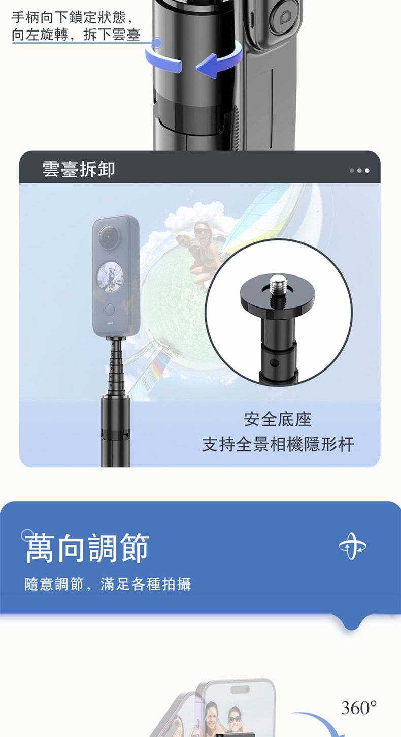 手柄向下鎖定狀態,向左旋轉,拆下雲臺雲臺拆卸1351萬向調節隨意調節,滿足各種拍攝安全底座支持全景相機隱形360