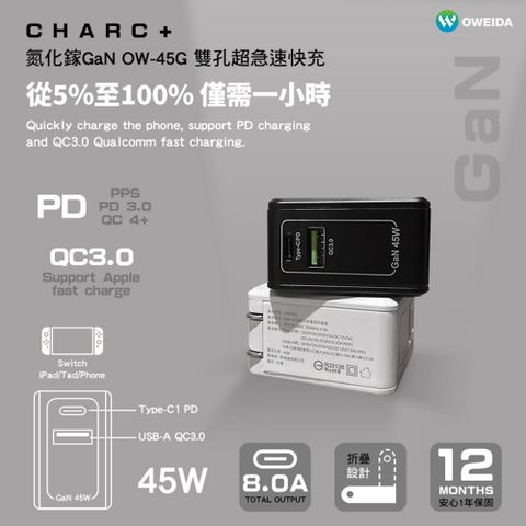 Oweida 歐威達 GaN氮化鎵 45W 雙孔PD+QC 折疊快速充電器