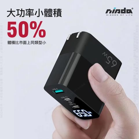 【NISDA】GaN氮化鎵 65W USB-C PD 數字顯示三孔充電器快速充電器