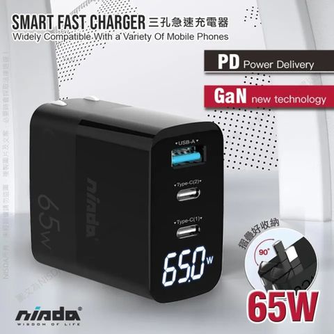 【NISDA】GaN氮化鎵 65W USB-C PD 數字顯示三孔充電器快速充電器
