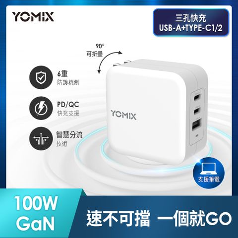 YOMIX 優迷 100W GaN氮化鎵USB-C PD/QC三孔快充充電器/電競筆電快充(GaN-X3)