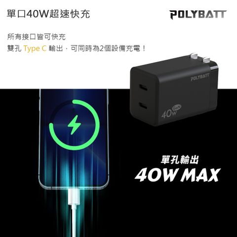 POLYBATT 40W氮化鎵GaN 雙孔PD極速充電器(雙PD旅充頭/雙孔Type-C)