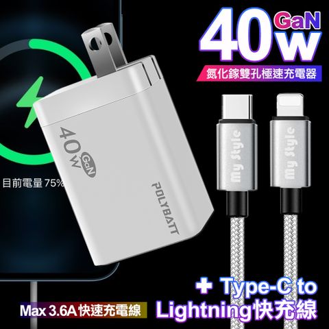 POLYBATT 40W氮化鎵Gan雙Type-C極速充電器-白+Mystyle 耐彎折TypeC to Lightning /iPhone PD編織快充線-銀