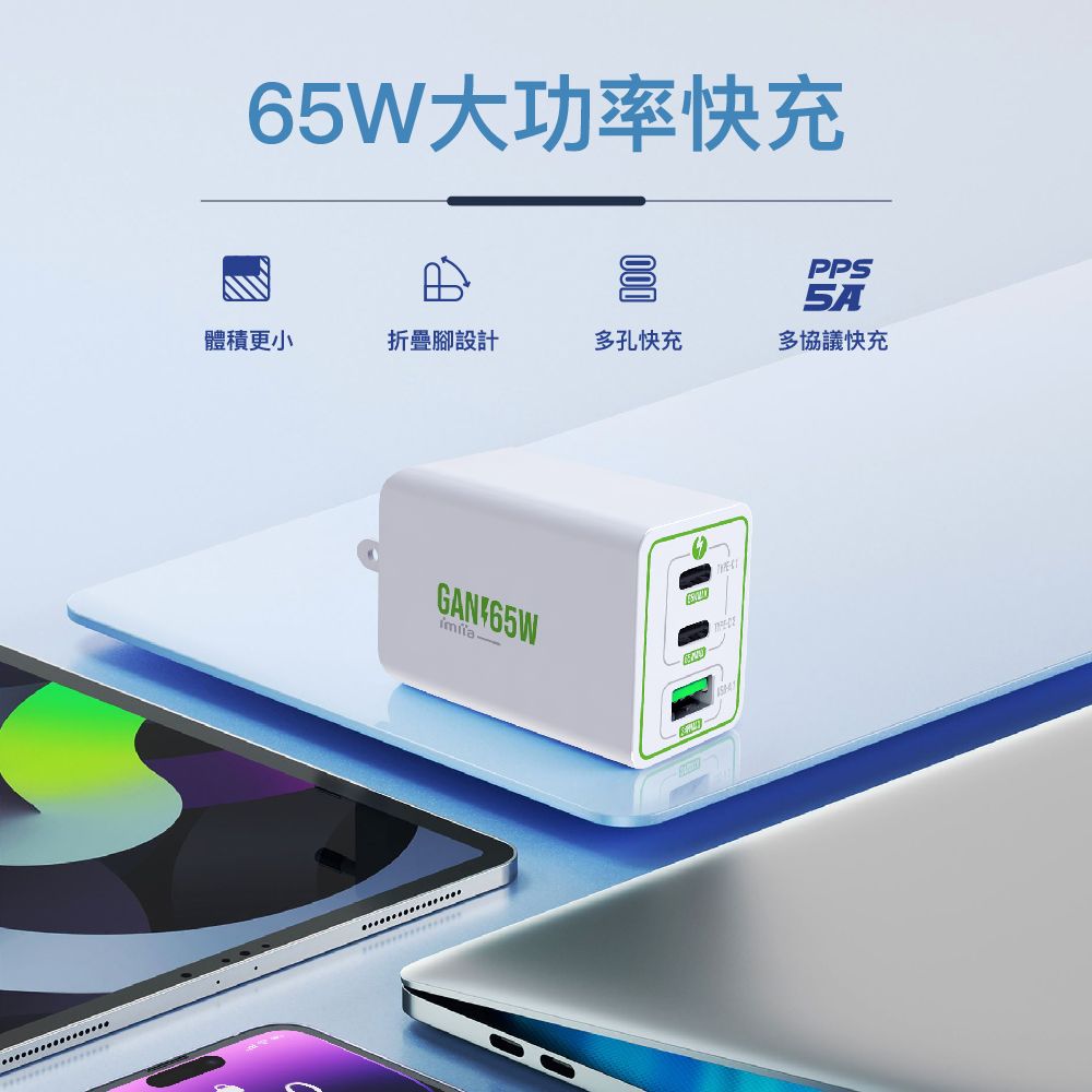 imiia 65W GAN PD/QC3.0 - 3孔快速充電器 【單孔輸出最大65w】GaN氮化鎵發熱量更低 / 導熱更快 / 體積更小