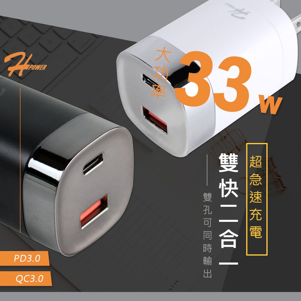 HPower  33W氮化鎵 液晶顯示 雙孔PD+QC 手機快速充電器(台灣製造)