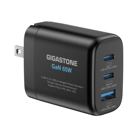 GIGASTONE 立達 65W GaN氮化鎵三孔USB-C快速充電器PD-7653B 黑 (支援iPhone15/14手機快充/MacBook筆電)