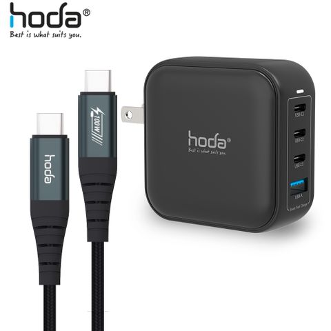 hoda 好貼 100W GaN氮化鎵智慧方型四孔電源供應器 / 極速智能充電器 (內附100W C to C充電線)