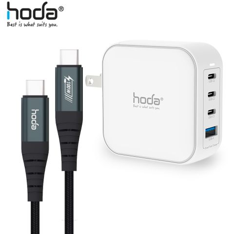 hoda 100W GaN氮化鎵智慧方型四孔電源供應器 / 極速智能充電器 (內附100W C to C充電線)