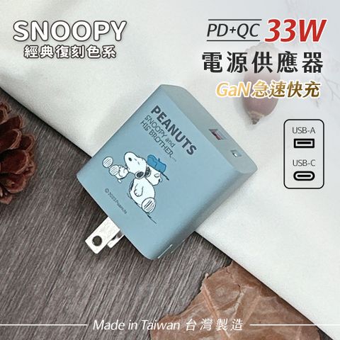 【正版授權】SNOOPY史努比 鳳梨酥系列 經典復刻色系 33W GaN氮化鎵 PD+QC 急速充電器-兄弟(蒼藍)