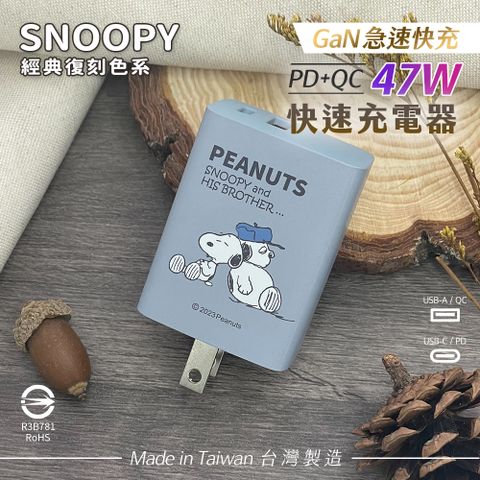 【正版授權】SNOOPY史努比 鳳梨酥系列 經典復刻色系 47W GaN氮化鎵 PD+QC 急速充電器-兄弟(蒼藍)