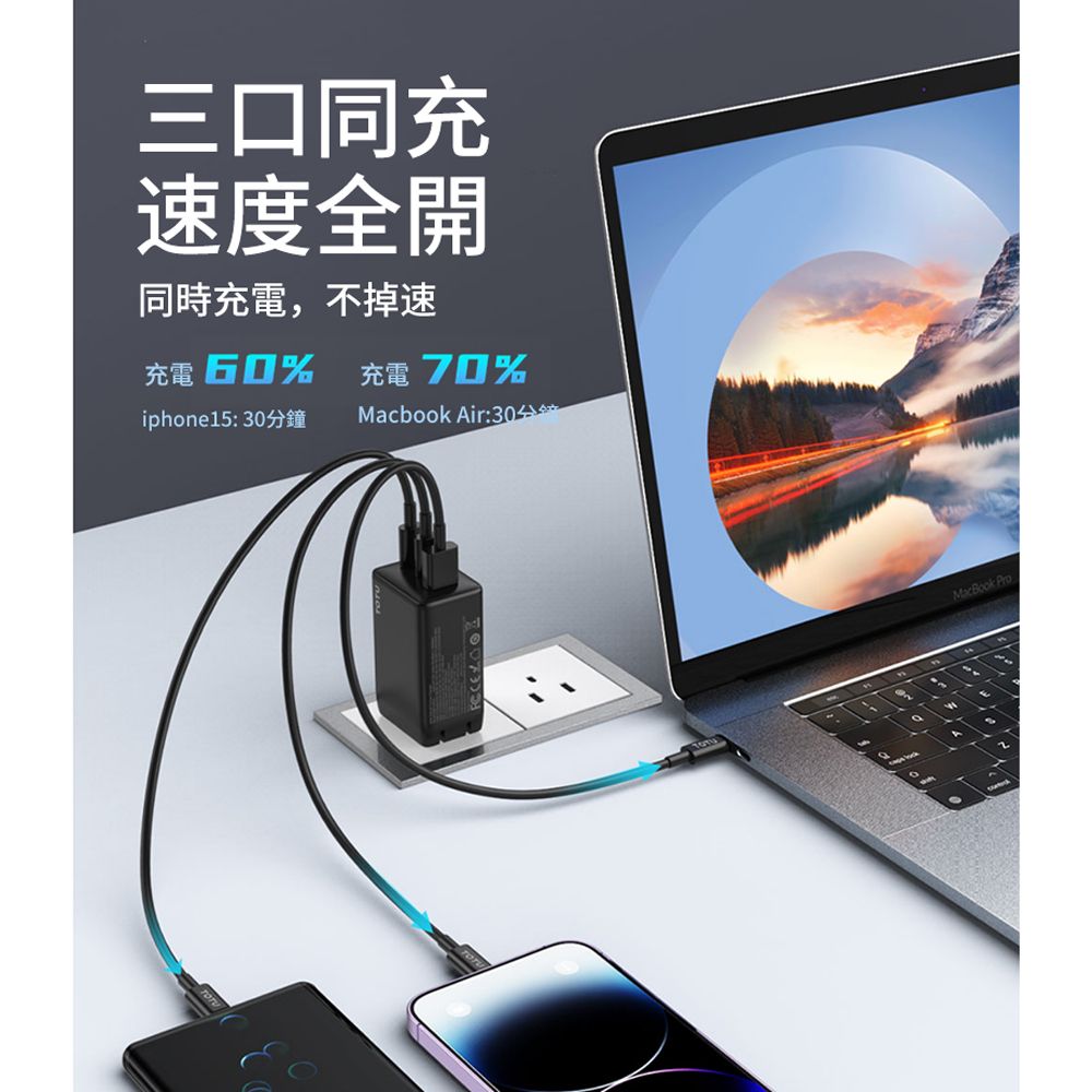 TOTU 65W 氮化鎵PD快充三孔充電器 充電頭 (iphone/三星/手機/平板電源適配器)