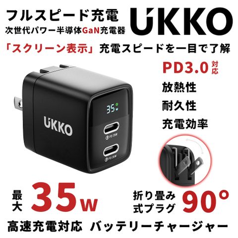 【UKKO】數顯+GaN氮化鎵(C+C) Mac/平板/手機 雙孔快充器體積比同功率充電器更小、重量更輕