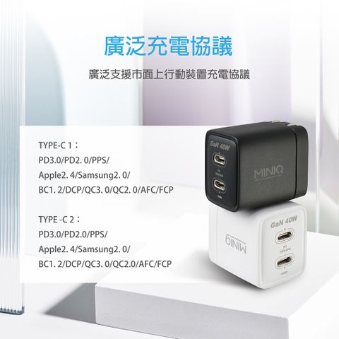 MINIQ 40W氮化鎵 雙C孔 手機急速快充充電器(台灣製造、附贈Type-C充電線)