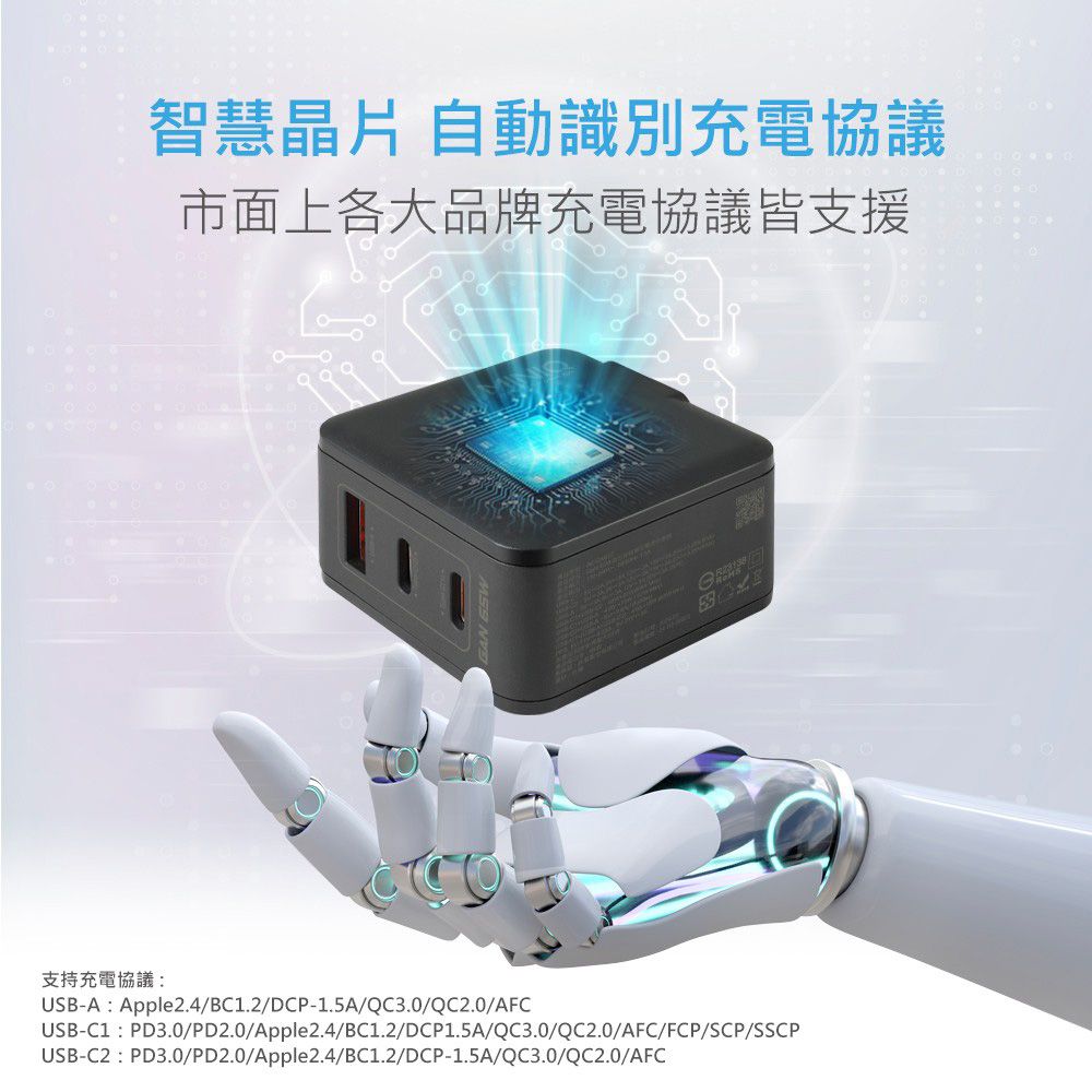  MINIQ 65W氮化鎵 雙USB-C+USB-A手機急速快充充電器(台灣製造附贈Type-C充電線)