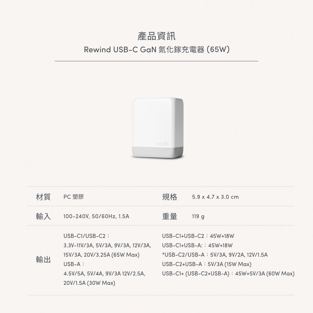 Moshi 摩仕 Rewind USB-C GaN 65W 氮化鎵充電器 - PChome 24h購物