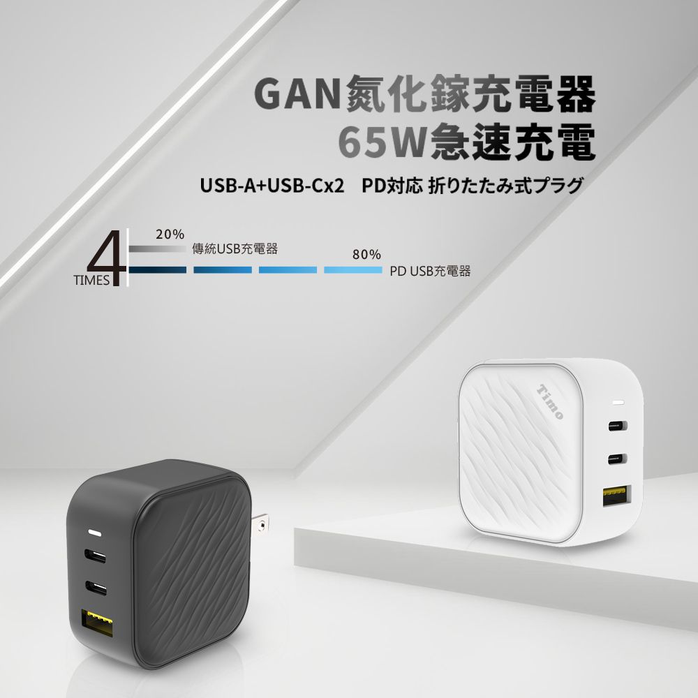 Timo 浪紋造型 65W GaN氮化鎵 三孔快速充電器(1A+2C)