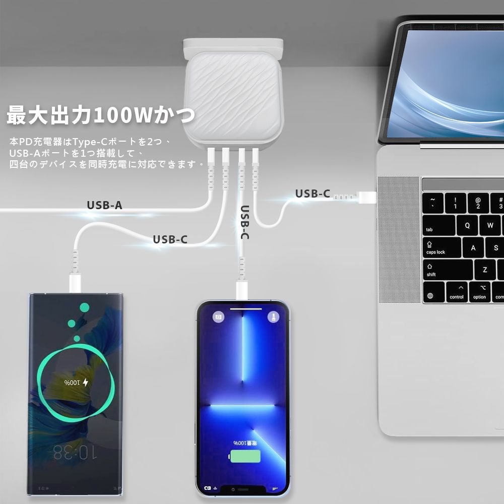 Timo 浪紋造型 100W GaN氮化鎵 四孔快速充電器(1A+3C)(內附 C to C 充電線1.2m)