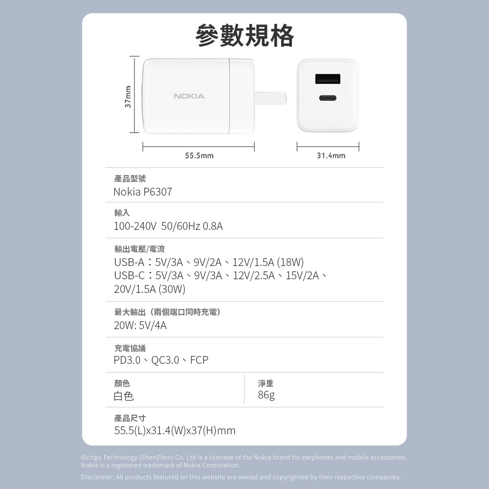 Nokia 諾基亞 (超值組) GaN氮化鎵PD充電器30W P6307+TOSHIBA大動圈低音強化耳機-藍RZE-D35E-7