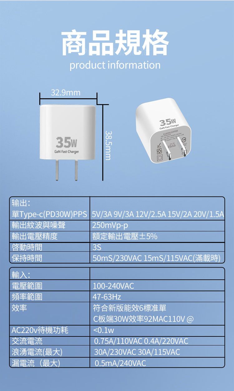 商品規格product information32.9mm35W  38.5mm35WGaN Fast Charger输出:單Type-c(PD30W)PPS 5V/3A9V/3A 12V/2.5A 15V/2A 20V/1.5A輸出紋波與噪聲輸出電壓精度時間保持時間輸入:250mVp-p額定輸出電壓±5%3S50mS/230VAC 15mS/115VAC(滿載時)電壓範圍頻率範圍「率AC220v待機功耗交流電流浪湧電流(最大)漏電流(最大)100-240VAC47-63Hz符合新版能效6標准單C板端30W效率92MAC110V @0.1w0.75A/110VAC 0.4A/220VAC30A/230VAC 30A/115VAC0.5mA/240VAC