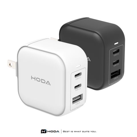 hoda 好貼 65W GaN氮化鎵智慧方型三孔電源供應器 / 極速智能充電器