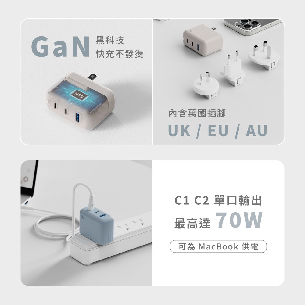 黑科技GaN 不發燙內含萬國插腳UK / EU / AUC1 C2 單口輸出最高達 70W可為 MacBook 供電