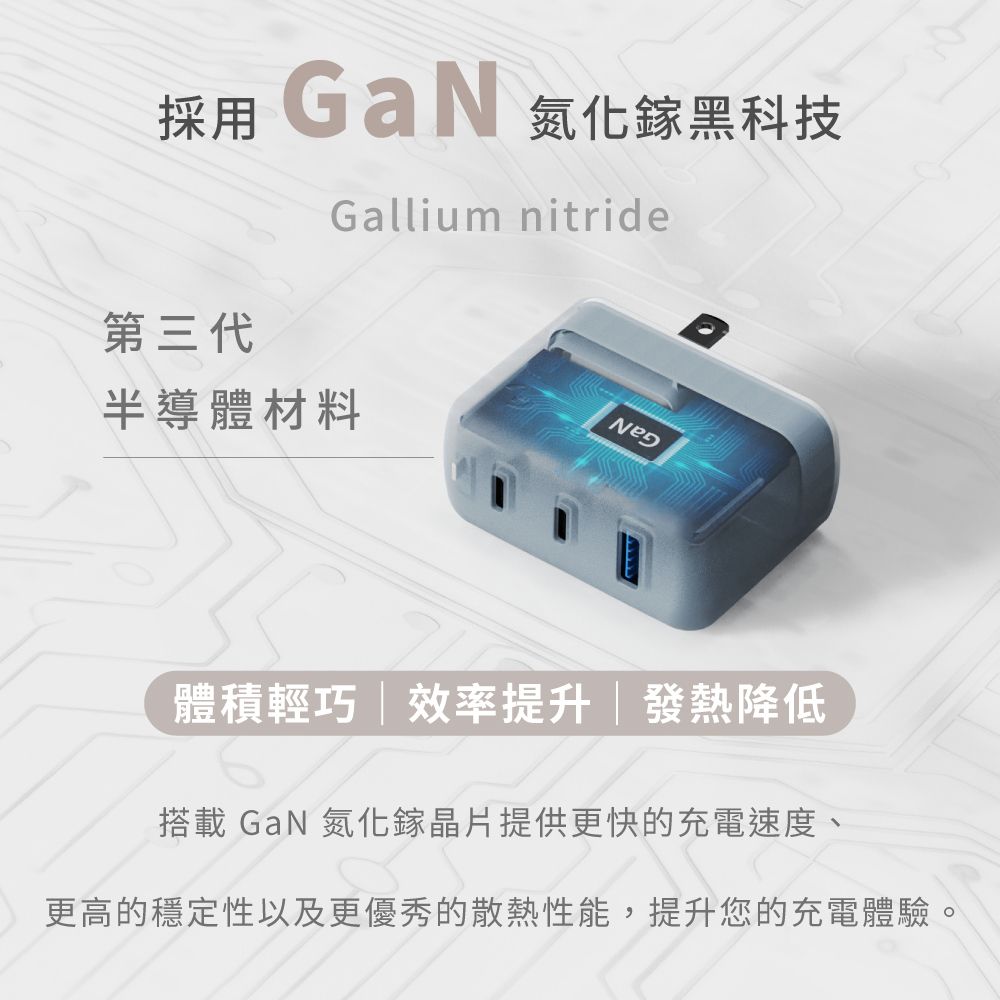 採用GaN氮化鎵黑科技Gallium nitride第三代半導體材料體積輕巧|效率提升|發熱降低搭載GaN 氮化鎵晶片提供更快的充電速度、更高的穩定性以及更優秀的散熱性能,提升您的充電體驗。