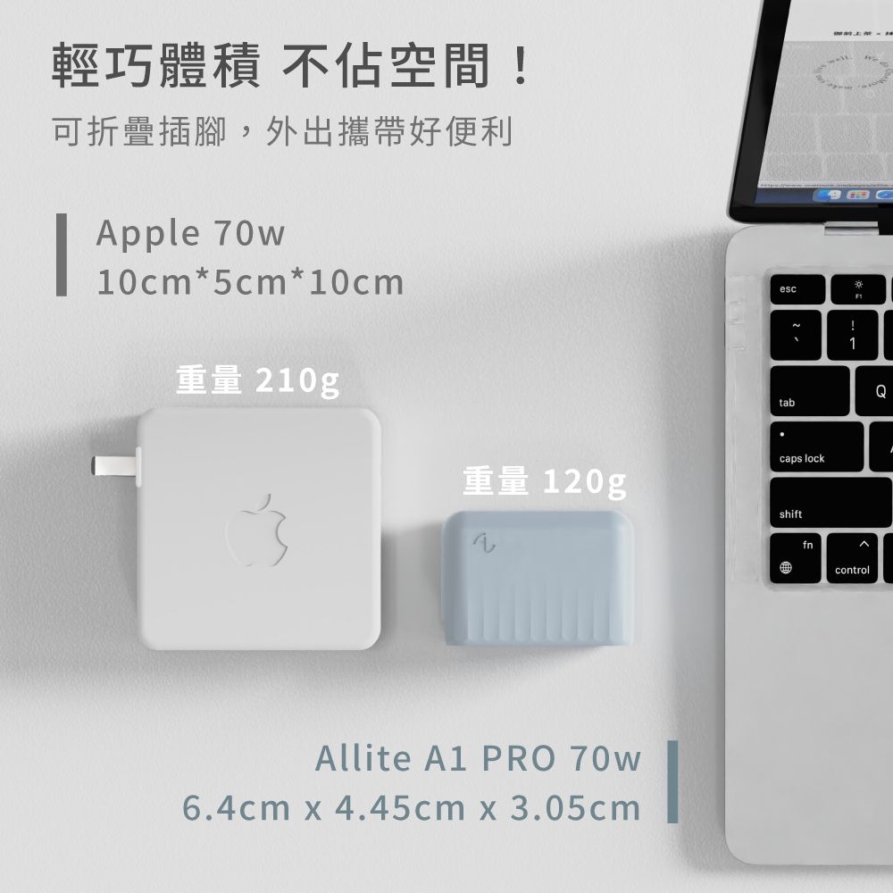 輕巧體積 不佔空間!可折疊插腳,外出攜帶好便利Apple 70w10cm*5cm*10cmesc!1重量 210gtabQcaps lock重量 120gshiftAllite A1 PRO 70W6.4cm x 4.45cm x 3.05cmfn曲control