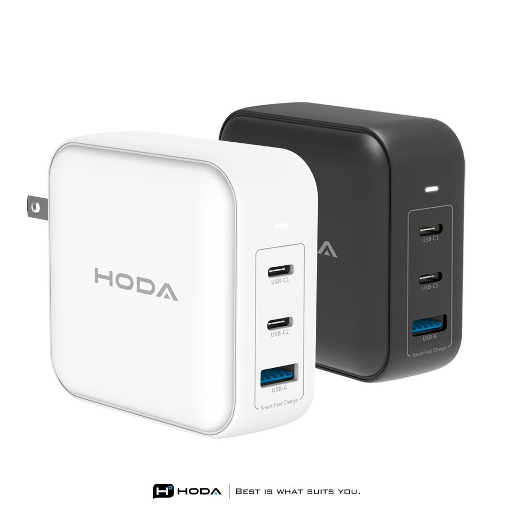 hoda 好貼 140W GaN氮化鎵智慧方型三孔電源供應器 / 極速智能充電器 (附240W C to C充電線)