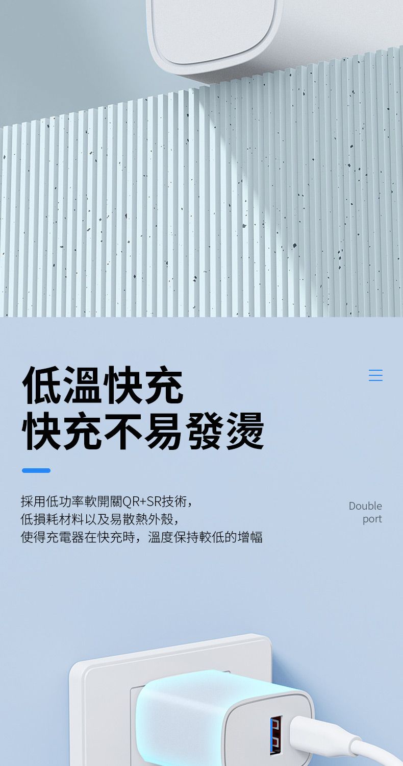 低溫快充快充不易發燙採用低功率開關QR+SR技術,低損耗材料以及易散熱外殼,Doubleport使得充電器在快充時,溫度保持較低的增幅