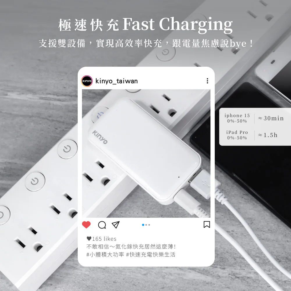 極速快充Fast Charging支援雙設備,實現高效率快充,跟電量焦慮說bye!kinyo_taiwan 165 likes不敢相信氮化鎵快充居然這麼薄!#小體積大功率#快速充電快樂生活iphone 150%-50%30min ~1.5h0%-50%
