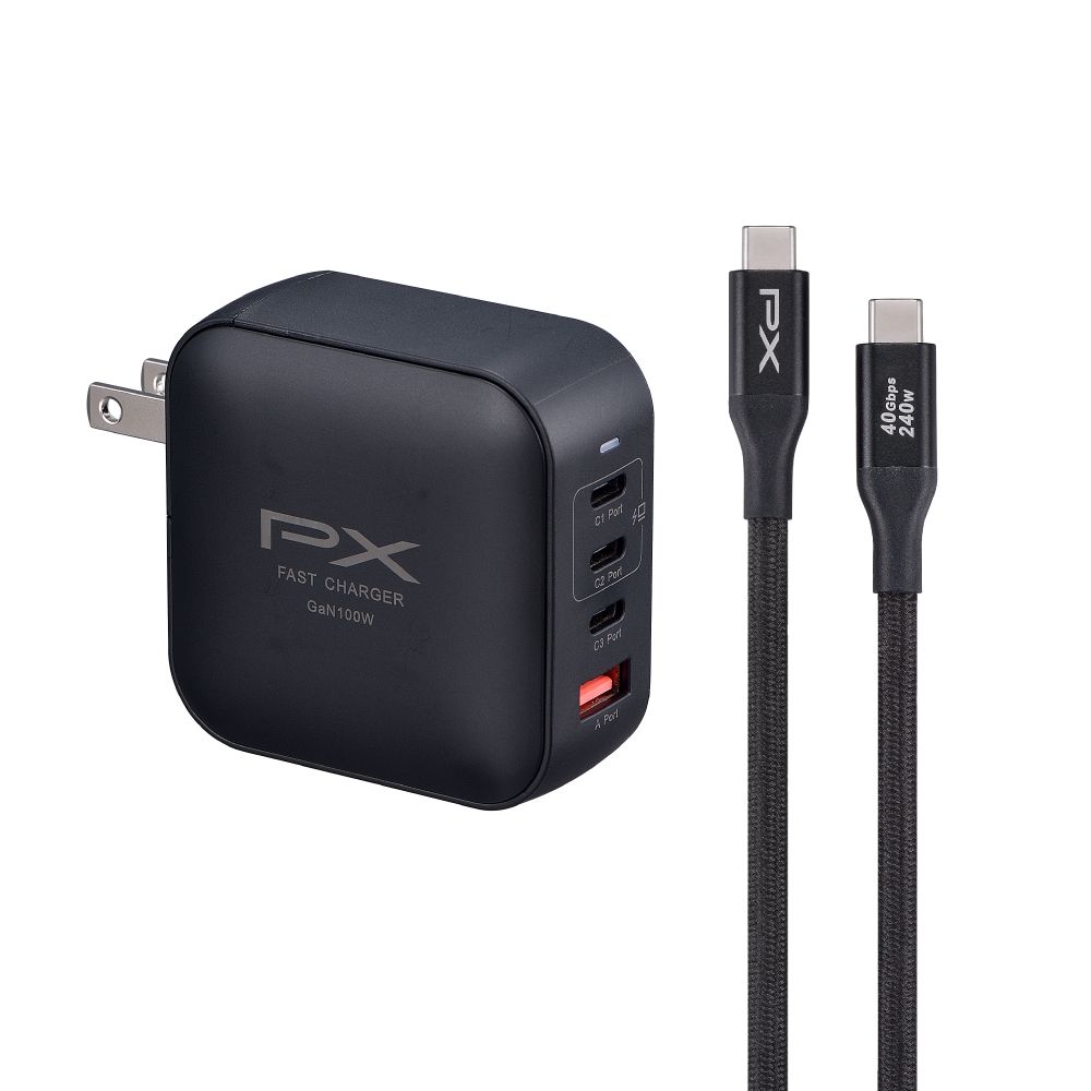 PX 大通 UCP-100CB 氮化鎵 100W GaN PD3.0 4孔(TYPE-C+USB-A)快充充電頭+24W TYPE-C充電線組