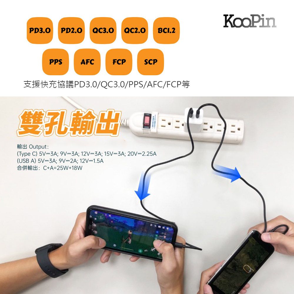 KooPin 45W氮化鎵 雙孔PD+QC 手機急速快充充電器(附贈Type-C充電線)