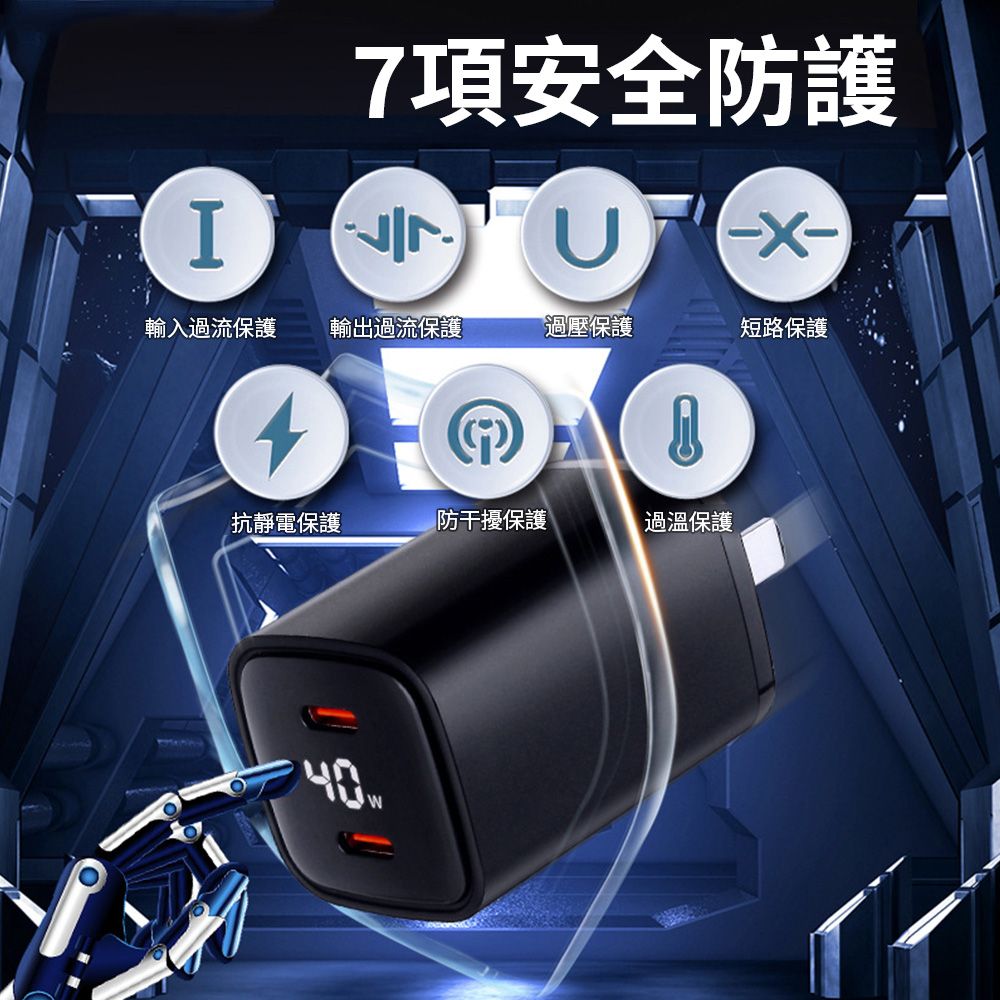 Sily Type-C雙孔數顯GaN氮化鎵充電頭 40WPD充電器 豆腐頭/旅充頭/快充頭 手機快充 支援iPhone16/iPad/安卓