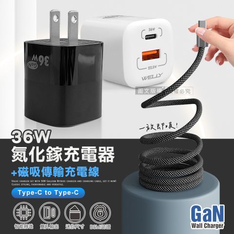 WELLY 36W氮化鎵GaN 迷你雙孔充電器+Type-C to Type-C 磁吸秒收充電線(100cm)