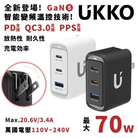 UKKO 70W GaN氮化鎵 3孔 (2C1A) 智能控溫急充器 (雙色可選)