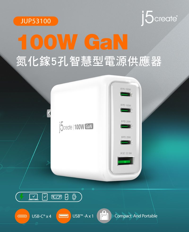 JUP53100100W j5氮化鎵5孔智慧型電源供應器 100W 100WPD create 100W GaNPD 20W 22.5WUSB- - 1Compact And Portable