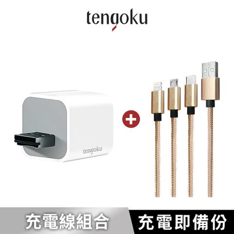 TENGOKU 天閤堀 BP1 USB-A手機高速備份豆腐頭+超強韌USB三合一1.2M編織快速充電線-金(支援APPLE安卓/可擴充至1TB/邊充電邊備份/一秒即上手)