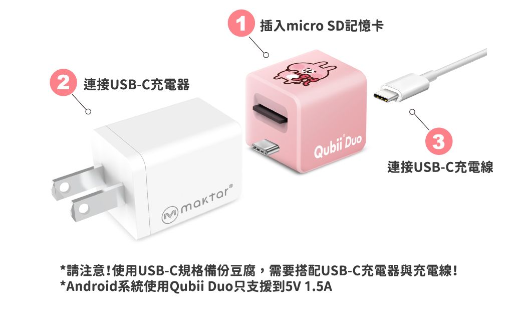 2 連接USB-C充電器 插入micro SD記憶卡Qubii Duo3連接USB-C充電線*請注意!使用USB-C規格備份豆腐,需要搭配USB-C充電器與充電線!*Android系統使用Qubii Duo只支援到5V1.5A