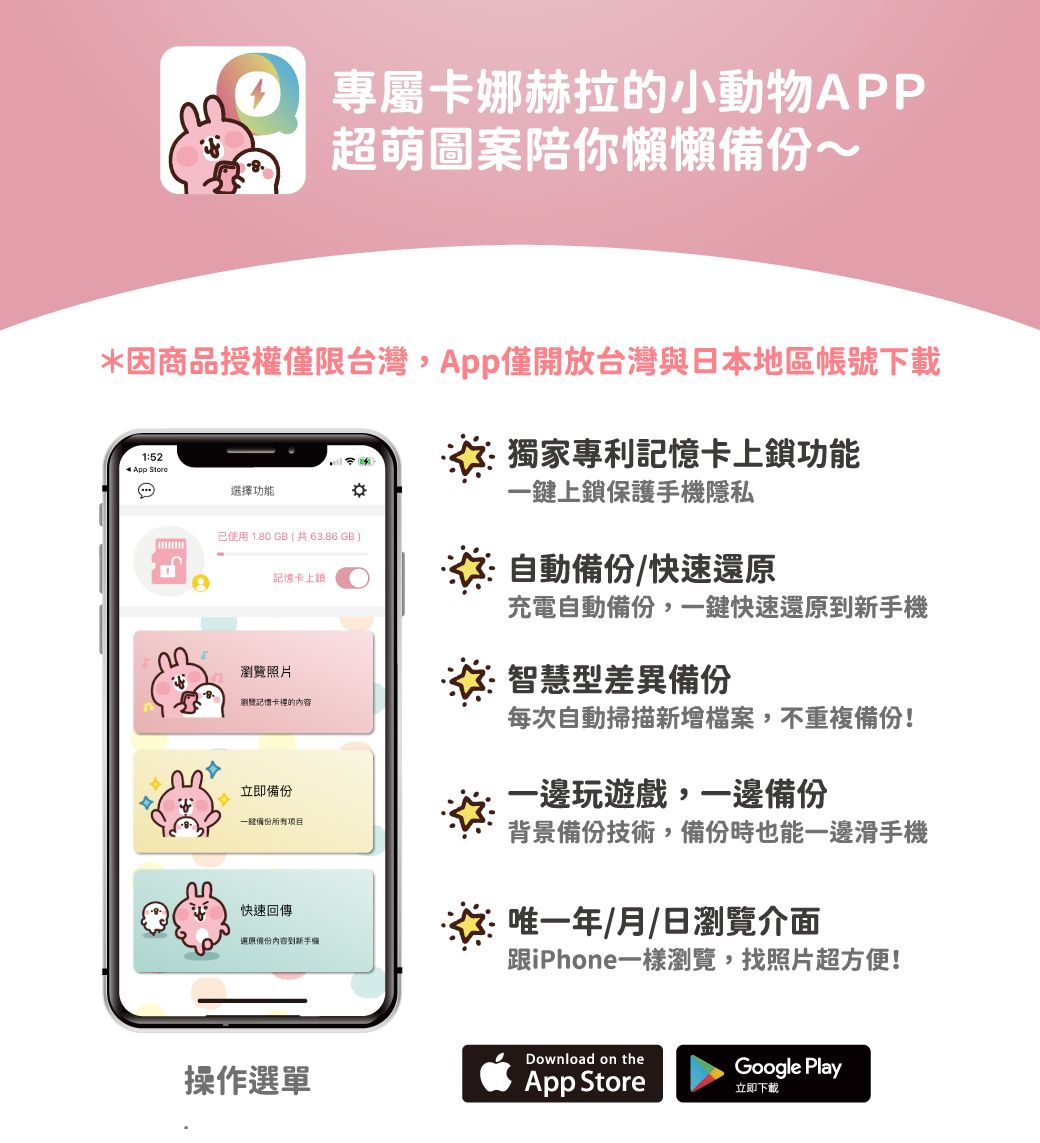 專屬卡娜赫拉的小動物APP超萌圖案陪你懶懶備份~因商品授權僅限台灣,App僅開放台灣與日本地區帳號下載1:52 App Store選擇功能已使用 1.80 GB ( 共63.86 GB記憶卡上鎖照片瀏覽記憶卡裡的內容立即備份一鍵備份所有項目快速回傳還原備份內容*獨家專利記憶卡上鎖功能一鍵上鎖保護手機隱私自動備份/快速還原充電自動備份,一鍵快速還原到新手機智慧型差異備份每次自動掃描新增檔案,不重複備份!一邊玩遊戲,一邊備份背景備份技術,備份時也能一邊滑手機唯一年/月/日瀏覽介面跟iPhone一樣瀏覽,找照片超方便!操作選單Download on theApp StoreGoogle Play立即下載