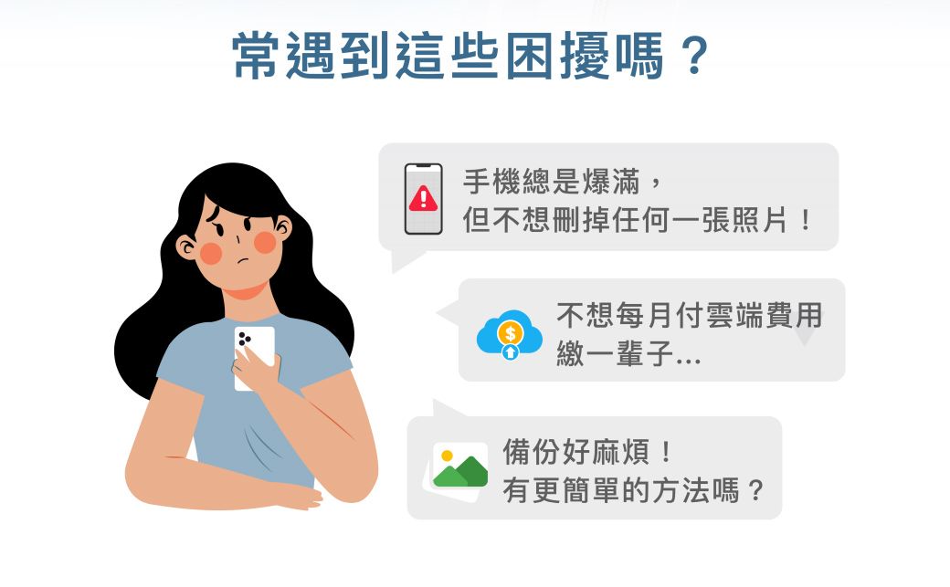 常遇到這些困擾嗎?手機總是爆滿,但不想刪掉任何一張照片!不想每月付雲端費用繳一輩子備份好麻煩!有更簡單的方法嗎?