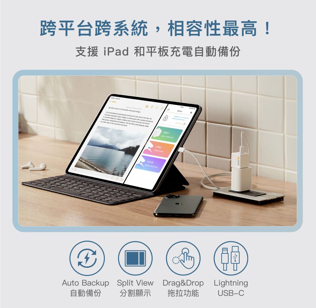 跨平台跨系統,相容性最高!支援 iPad 和平板充電自動備份                                 Auto Backup Split ViewDrag&Drop自動備份分割顯示拖拉功能LightningUSB-C