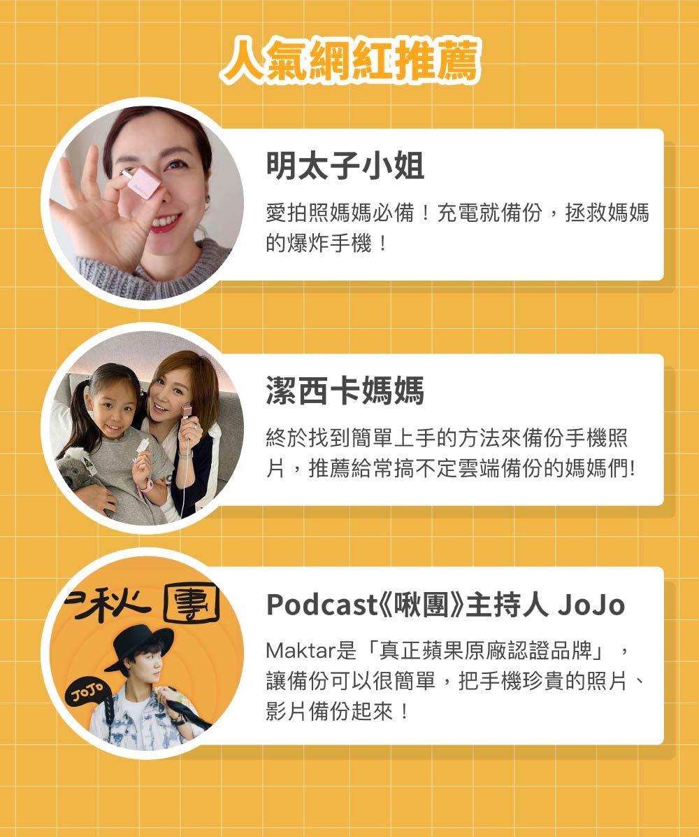 秋團人氣網紅推薦明太子小姐愛拍照媽媽必備!充電就備份拯救媽媽爆炸手機!潔西卡媽媽終於找到簡單上手的方法來備份手機照片,推薦給常搞不定雲端備份的媽媽們!Podcast《啾團》主持人 JoJo,Maktar是「真正蘋果原廠認證品牌」讓備份可以很簡單,把手機珍貴的照片、影片備份起來!