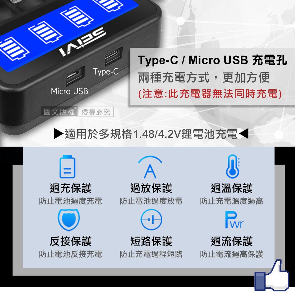 Type-CMicro USB圖文版權侵權必究Type-C/Micro USB 充電孔兩種充電方式,更加方便(注意:此充電器無法同時充電)適用於多規格1.48/4.2V鋰電池充電A過充保護過放保護過溫保護防止電池過度充電防止電池過度放電防止充電溫度過高H反接保護防止電池反接充電短路保護過流保護防止充電過程短路防止電流過高保護