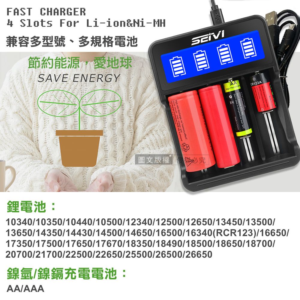 FAST CHARGER Slots For Li-ion&Ni-MH兼容多型號、多規格電池節約能源,愛地球SAVE ENERGY  圖文版權必究AACR123A 鋰電池:1034010350/10440/10500/12340/12500/12650/13450/13500/13650/14350/14430/14500/14650/16500/16340(RCR123)/16650/17350/17500/17650/17670/18350/18490/18500/18650/18700/20700/21700/22500/22650/25500/26500/26650鎳氫/鎳鎘充電電池:AAIAAA