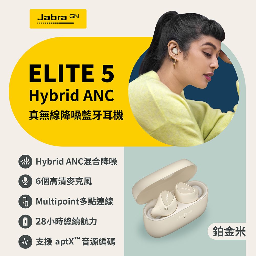 GNELITE 5Hybrid ANC真無線降噪藍牙耳機Hybrid ANC混合降噪 6個高清麥克風 Multipoint多點連線 28小時總續航力Jabra 支援 aptX音源編碼Jabra鉑金米