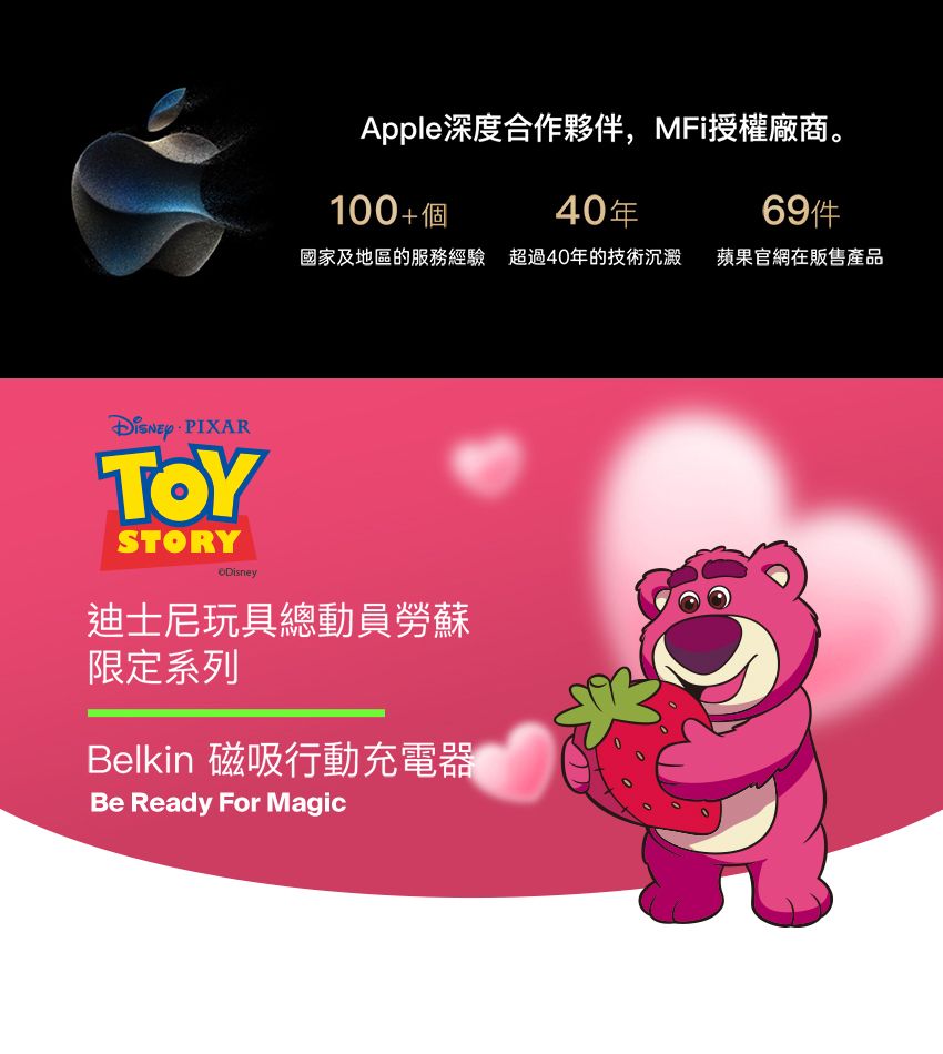 Apple深度合作夥伴,MFi授權廠商。100+個40年國家及地區的服務經驗 超過40年的技術沉澱蘋果官網在販售產品 PIXARTOYSTORYDisney迪士尼玩具總動員勞蘇限定系列Belkin 磁吸行動充電器Be Ready For Magic